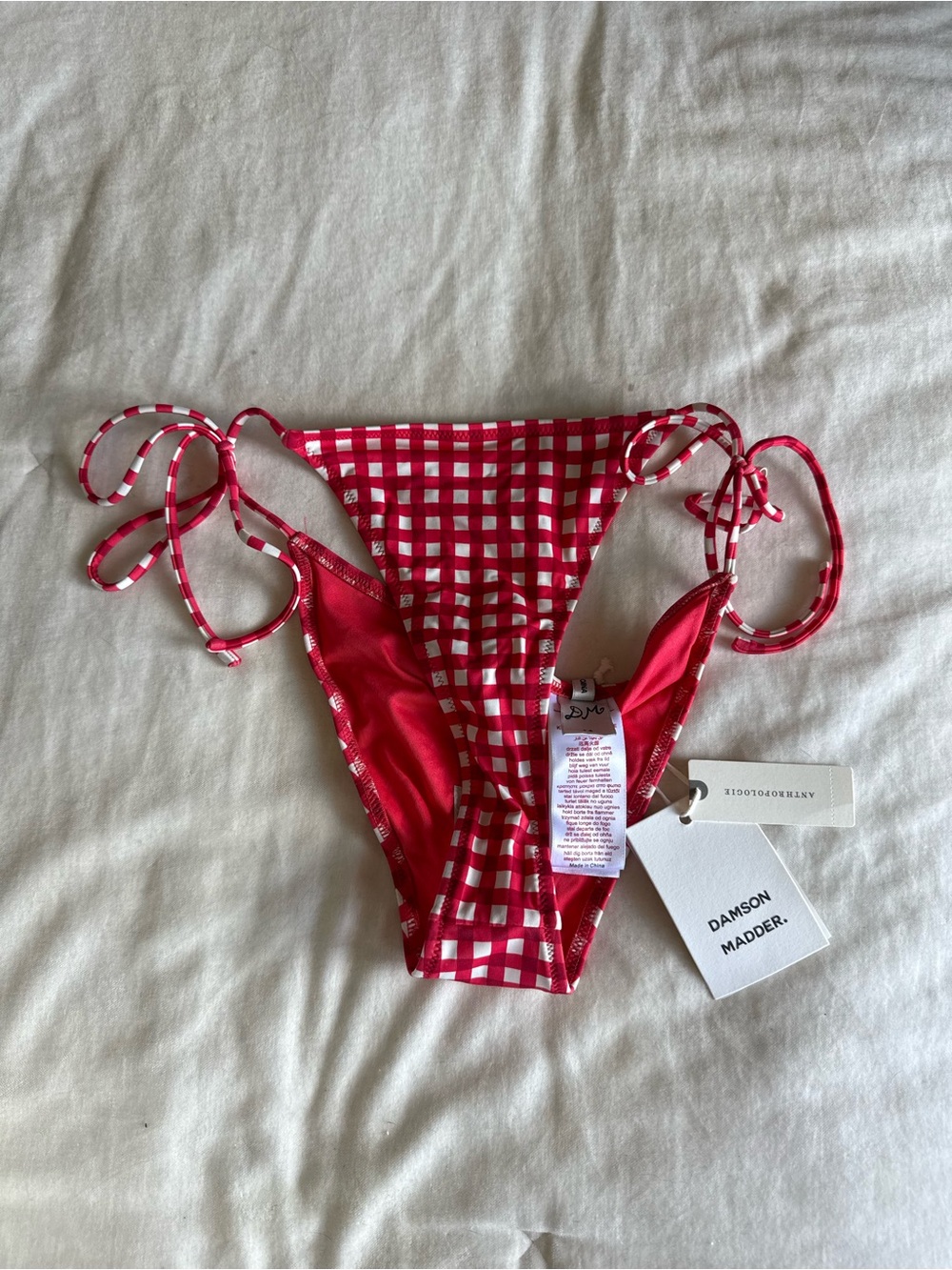 Damson Madder Red Gingham Tie-Side Bikini Bottom